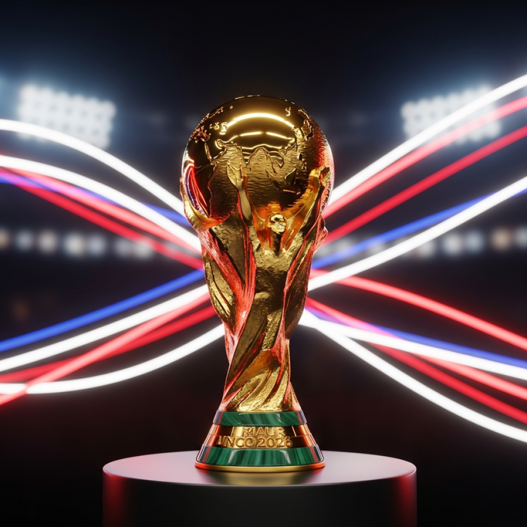 The iconic FIFA World Cup trophy rendered in stunning detail, with an abstract background representing the flags of host nations USA, Canada, and Mexico.