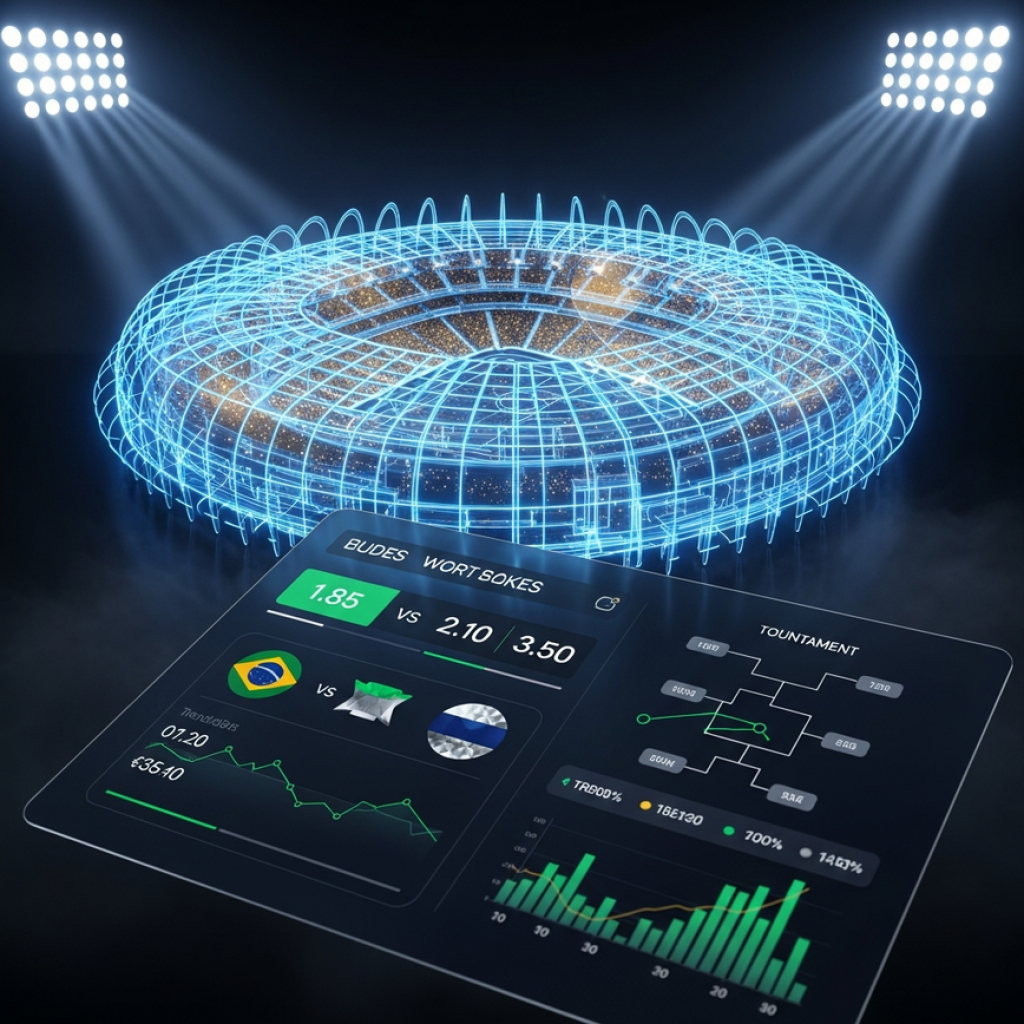 A futuristic 3D rendering of a sports betting interface for the 2026 FIFA World Cup, set against a glowing holographic football stadium, symbolizing modern online betting.