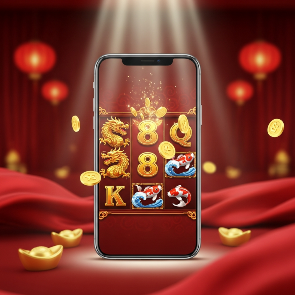 A modern smartphone displaying a festive Chinese New Year online slot game with golden dragon symbols, set against a lucky red and gold background with lanterns.