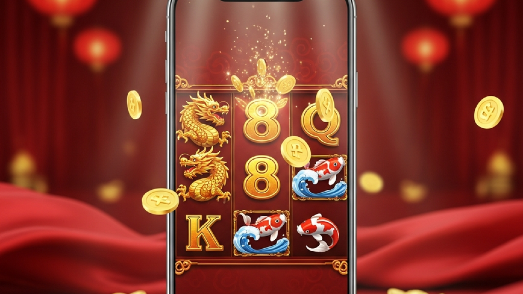 A modern smartphone displaying a festive Chinese New Year online slot game with golden dragon symbols, set against a lucky red and gold background with lanterns.