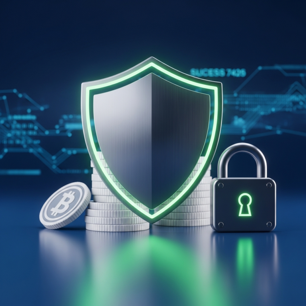 Digital shield protecting abstract digital currency with a padlock, symbolizing recovery and security against stolen winnings.