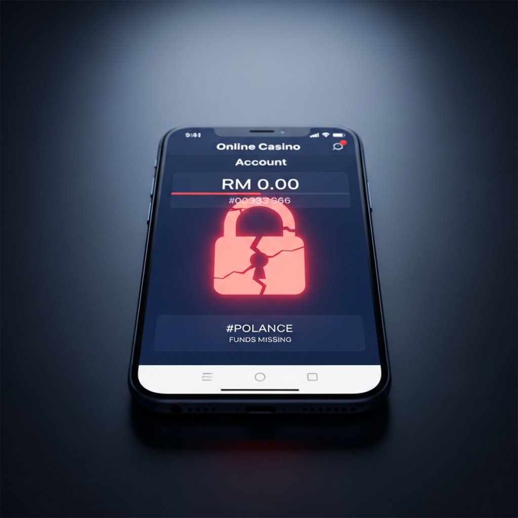 Smartphone screen showing empty casino balance with a broken red padlock, symbolizing stolen winnings and security breach.