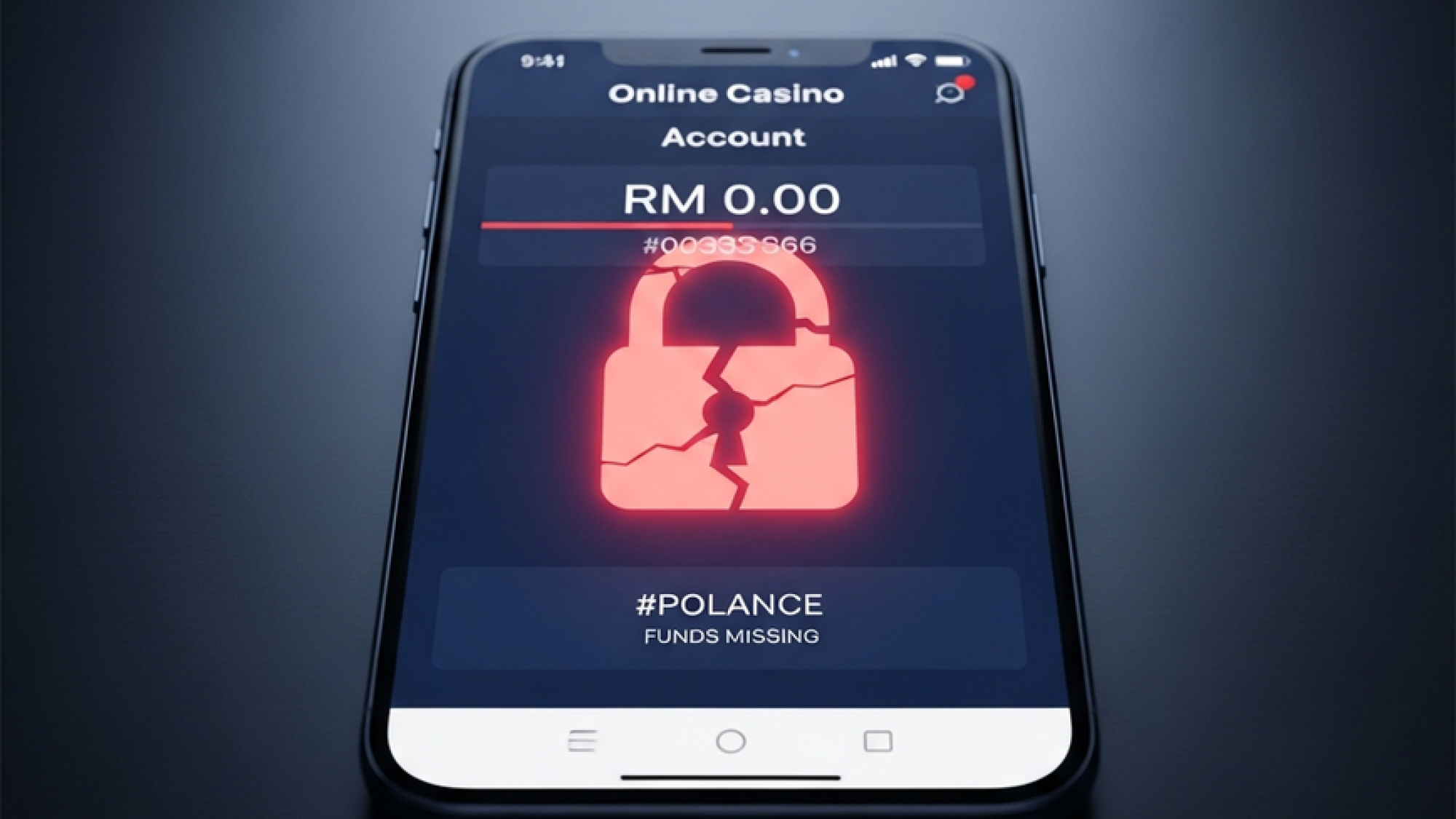 Smartphone screen showing empty casino balance with a broken red padlock, symbolizing stolen winnings and security breach.